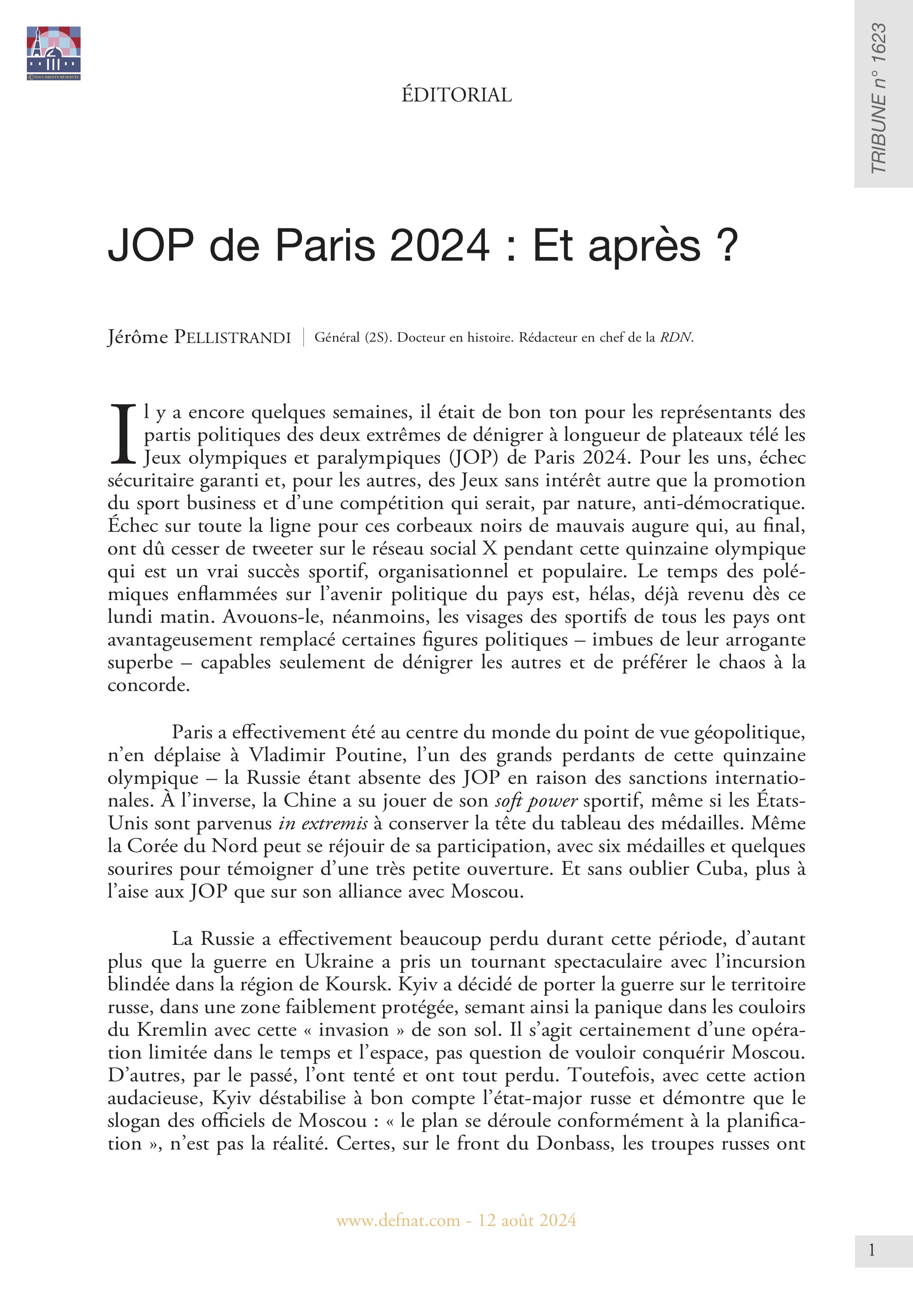 Éditorial – JOP de Paris 2024 : Et après ? (T 1623)
